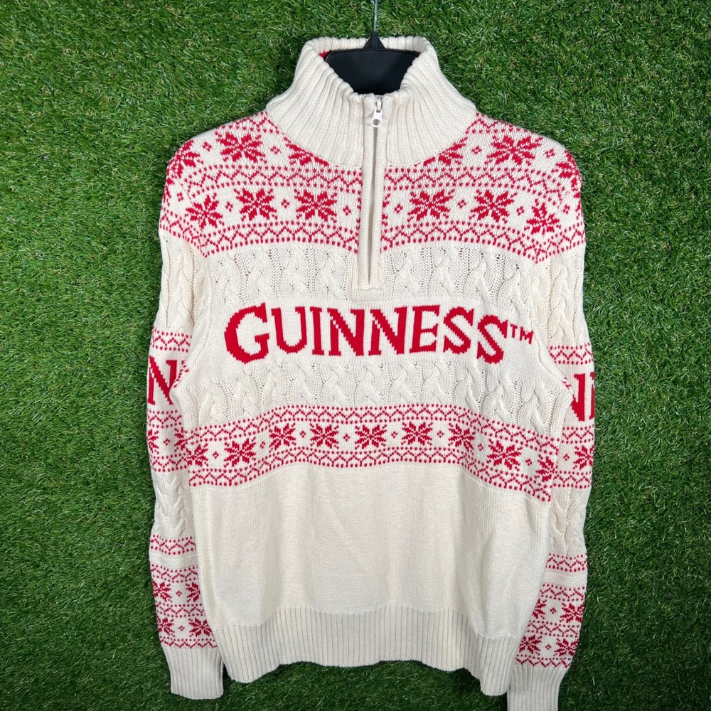 Guinness Quarter Zip Sweater XS Cream Red Fair Isle Cable Knit Holiday Logo 4889